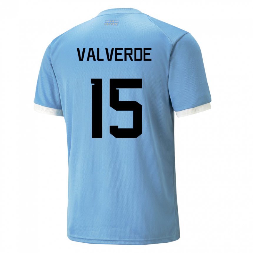 Criança Camisola Uruguaia Federico Valverde #15 Azul Principal 22-24 Camisa Brasil