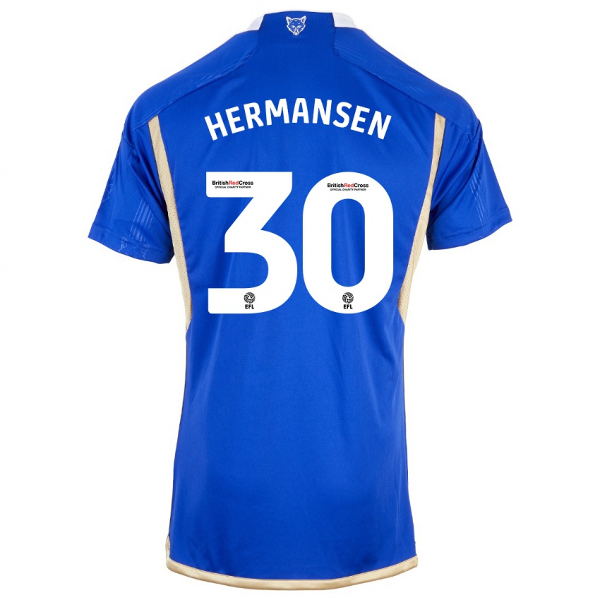 Homem Camisola Mads Hermansen #30 Azul Real Principal 2023/24 Camisa Brasil