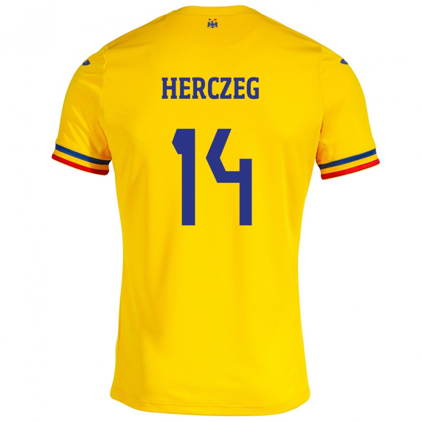 Homem Camisola Romênia Andrea Herczeg #14 Amarelo Principal 24-26 Camisa Brasil