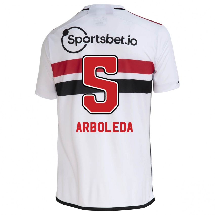 Criança Camisola Robert Arboleda #5 Branco Principal 2023/24 Camisa Brasil