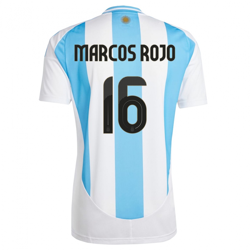 Criança Camisola Argentina Marcos Rojo #16 Branco Azul Principal 24-26 Camisa Brasil