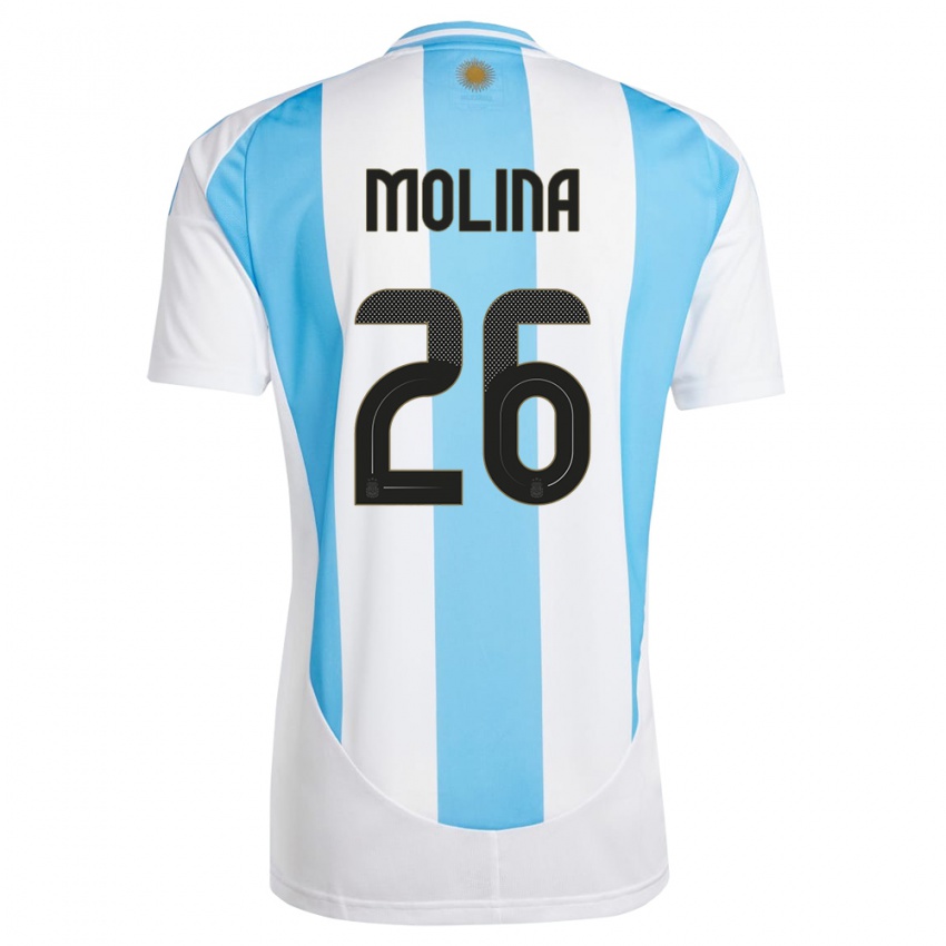 Criança Camisola Argentina Nahuel Molina #26 Branco Azul Principal 24-26 Camisa Brasil