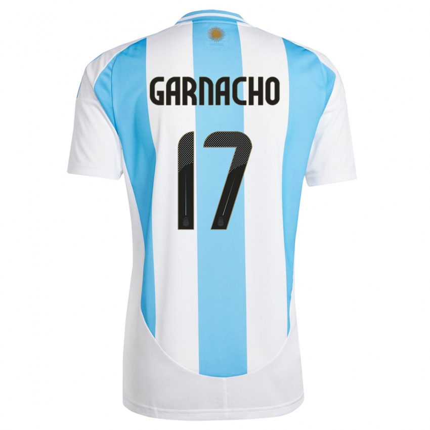 Criança Camisola Argentina Alejandro Garnacho #17 Branco Azul Principal 24-26 Camisa Brasil