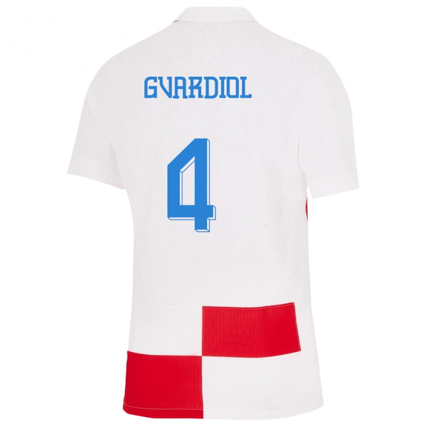 Criança Camisola Croácia Josko Gvardiol #4 Branco Vermelho Principal 24-26 Camisa Brasil