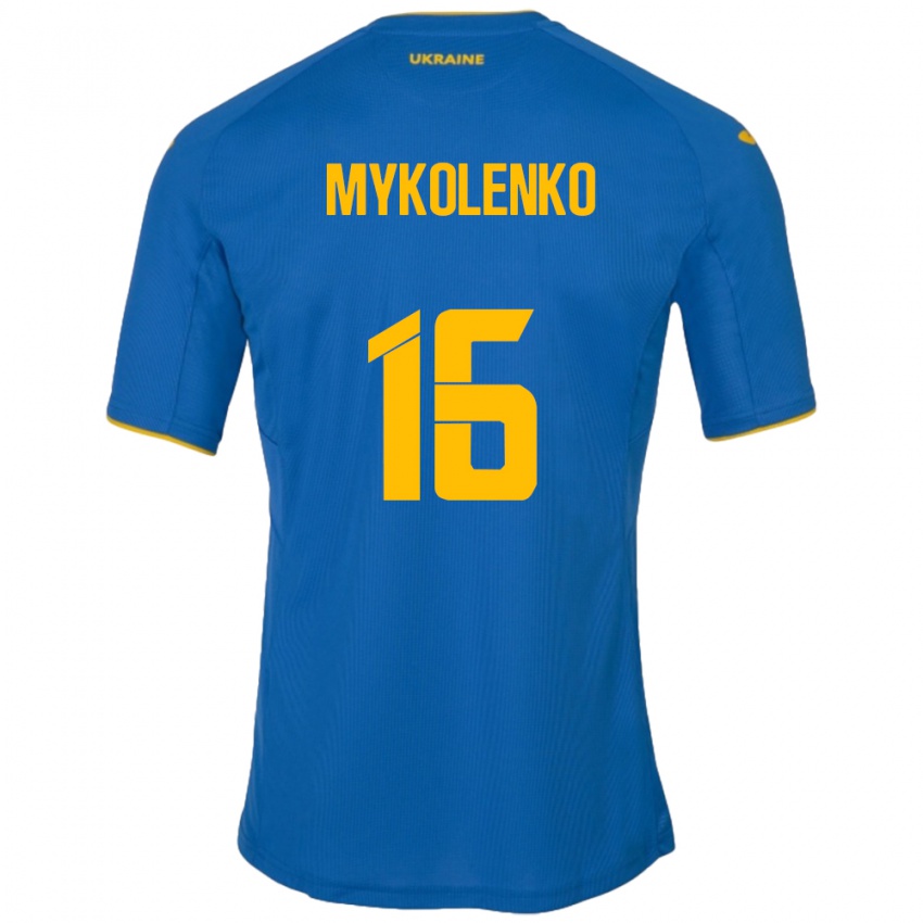 Criança Camisola Ucrânia Vitaliy Mykolenko #16 Azul Alternativa 24-26 Camisa Brasil