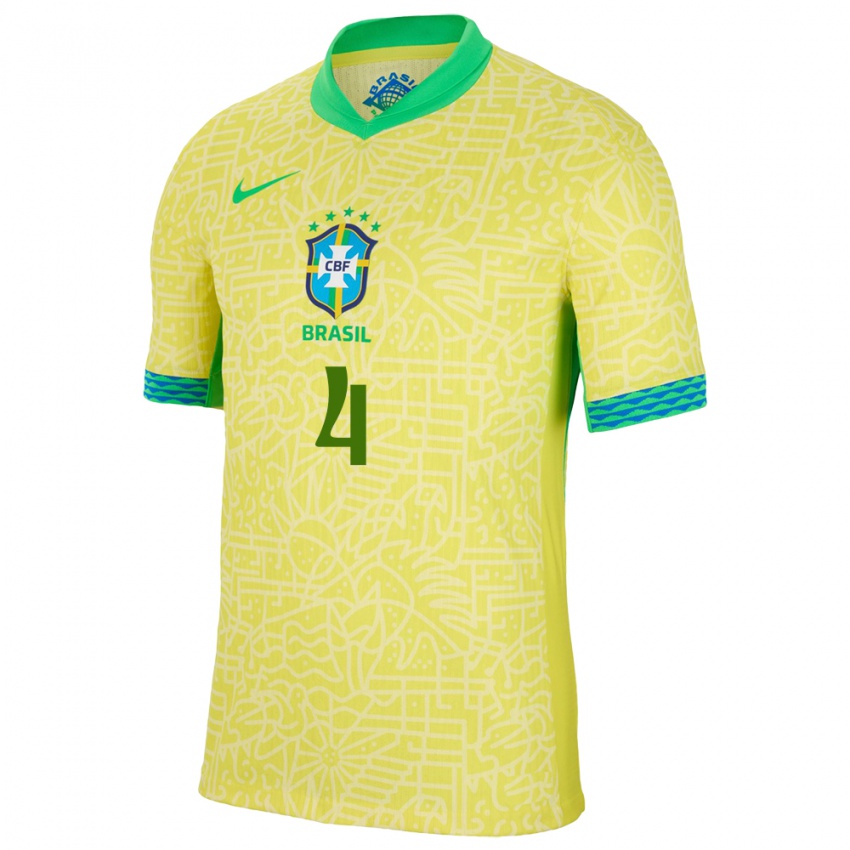 Homem Camisola Brasil Marquinhos #4 Amarelo Principal 24-26 Camisa Brasil