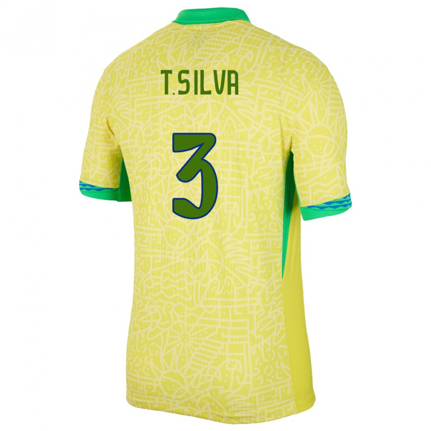 Homem Camisola Brasil Thiago Silva #3 Amarelo Principal 24-26 Camisa Brasil