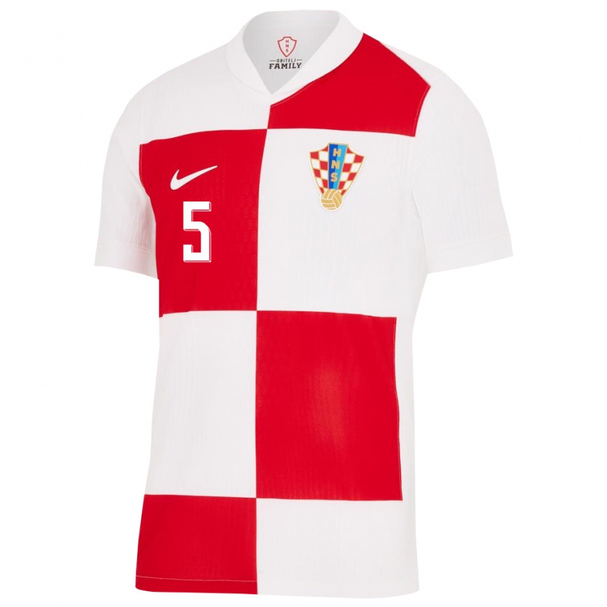 Homem Camisola Croácia Martin Erlic #5 Branco Vermelho Principal 24-26 Camisa Brasil