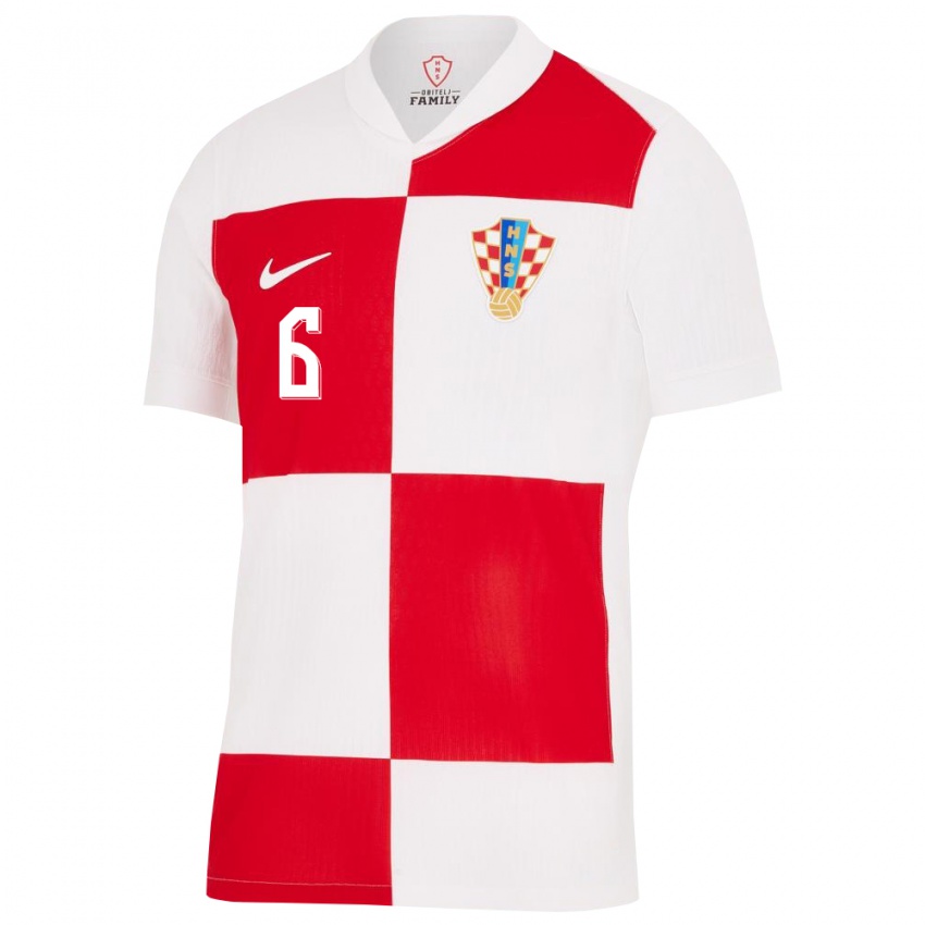 Homem Camisola Croácia Josip Sutalo #6 Branco Vermelho Principal 24-26 Camisa Brasil