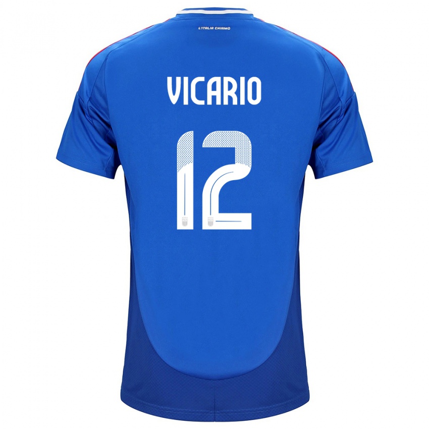 Homem Camisola Itália Guglielmo Vicario #12 Azul Principal 24-26 Camisa Brasil