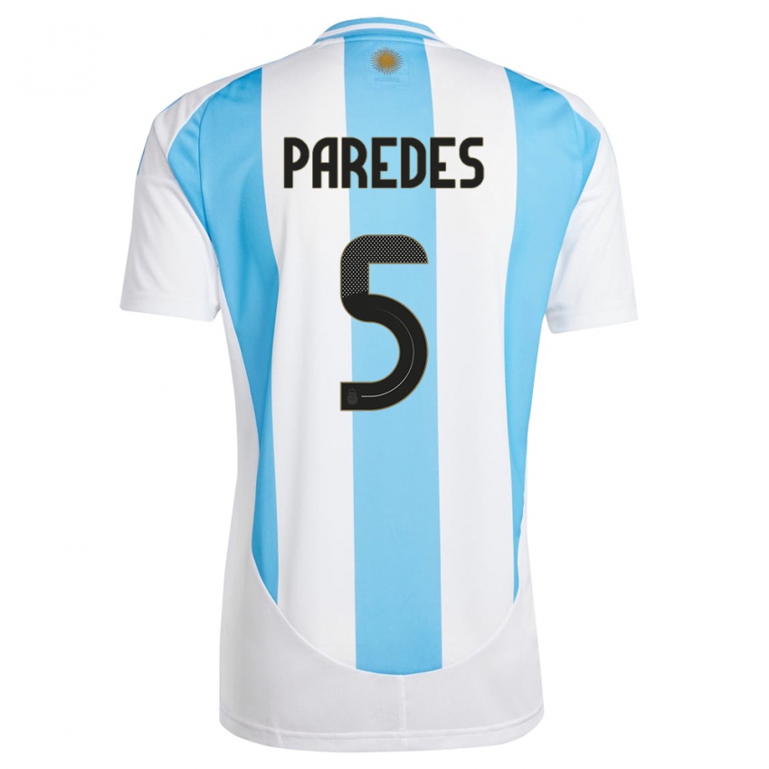 Mulher Camisola Argentina Leandro Paredes #5 Branco Azul Principal 24-26 Camisa Brasil