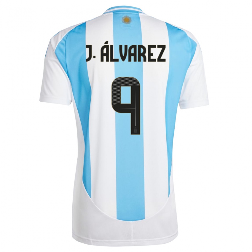Mulher Camisola Argentina Julian Alvarez #9 Branco Azul Principal 24-26 Camisa Brasil