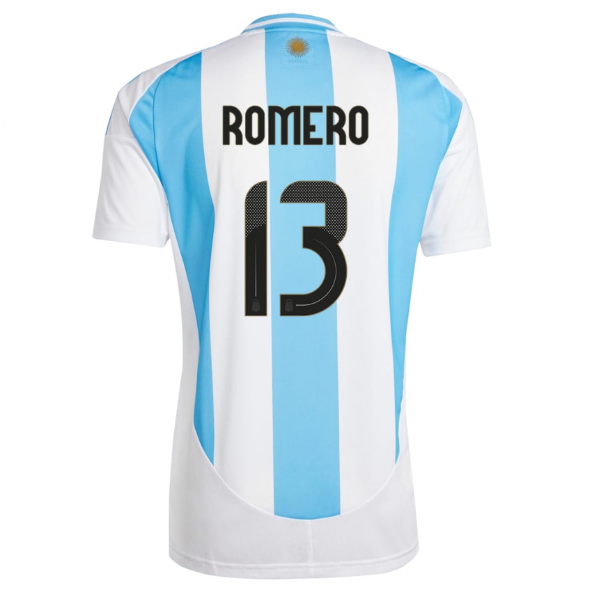 Mulher Camisola Argentina Cristian Romero #13 Branco Azul Principal 24-26 Camisa Brasil