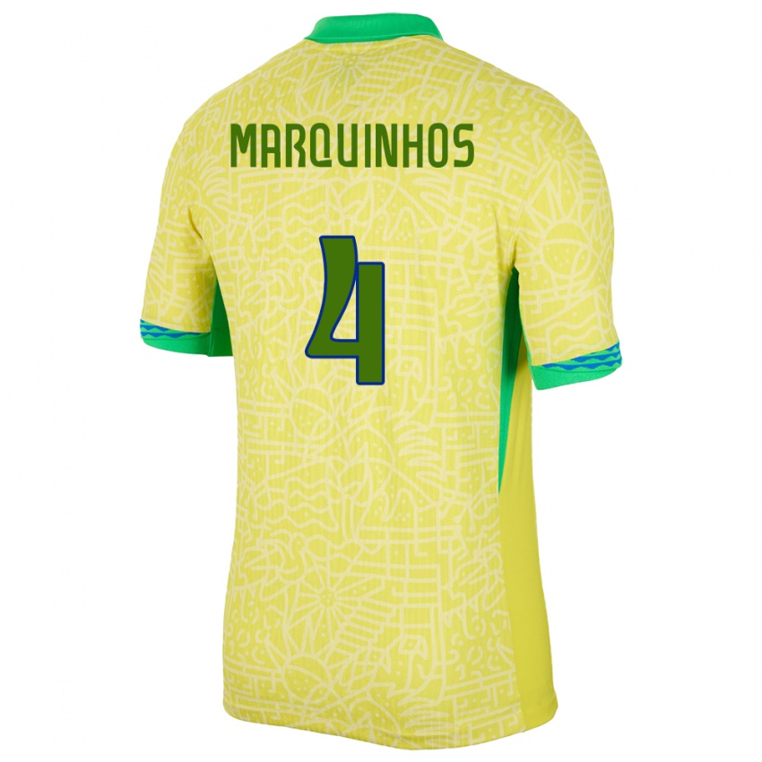 Mulher Camisola Brasil Marquinhos #4 Amarelo Principal 24-26 Camisa Brasil