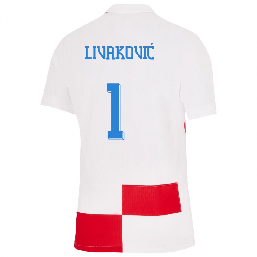 Mulher Camisola Croácia Dominik Livakovic #1 Branco Vermelho Principal 24-26 Camisa Brasil