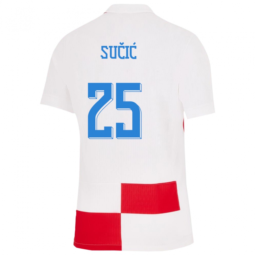 Mulher Camisola Croácia Luka Sucic #25 Branco Vermelho Principal 24-26 Camisa Brasil