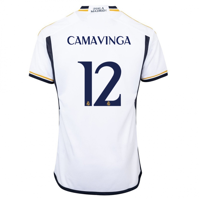 Criança Camisola Eduardo Camavinga #12 Branco Principal 2023/24 Camisa Brasil