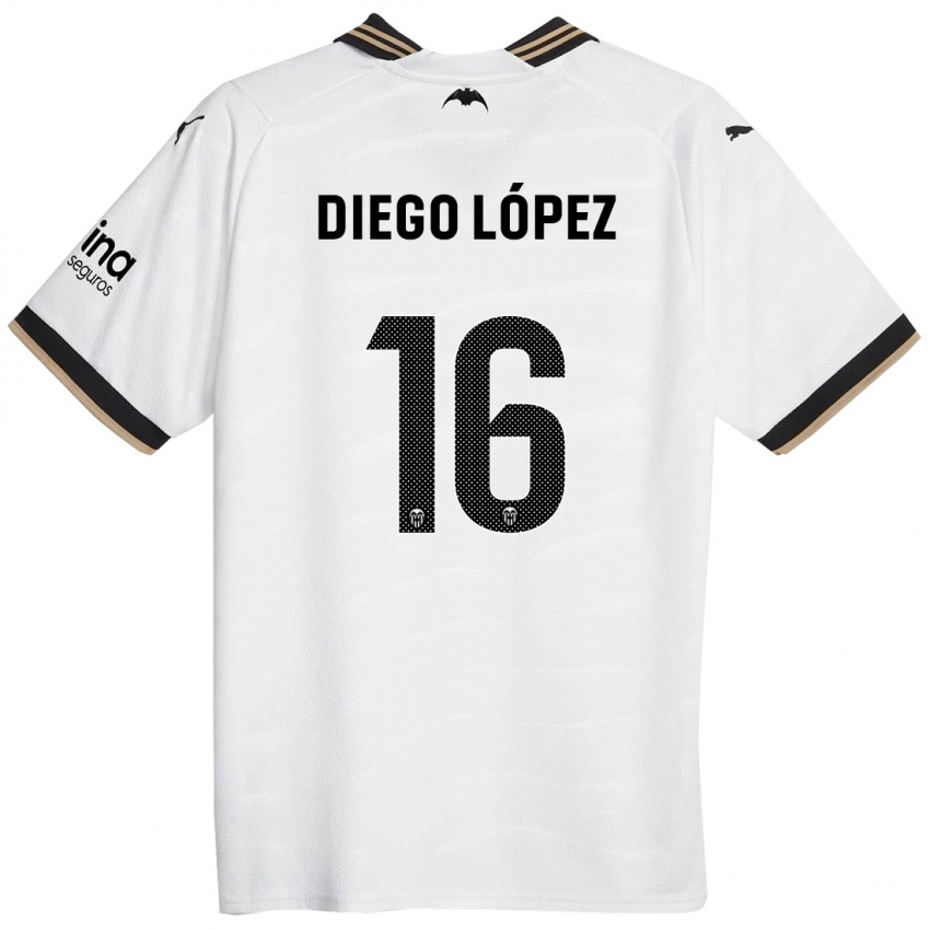 Criança Camisola Diego Lopez #16 Branco Principal 2023/24 Camisa Brasil