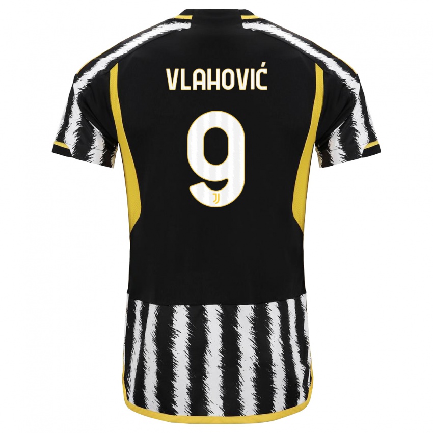 Criança Camisola Dusan Vlahovic #9 Preto Branco Principal 2023/24 Camisa Brasil