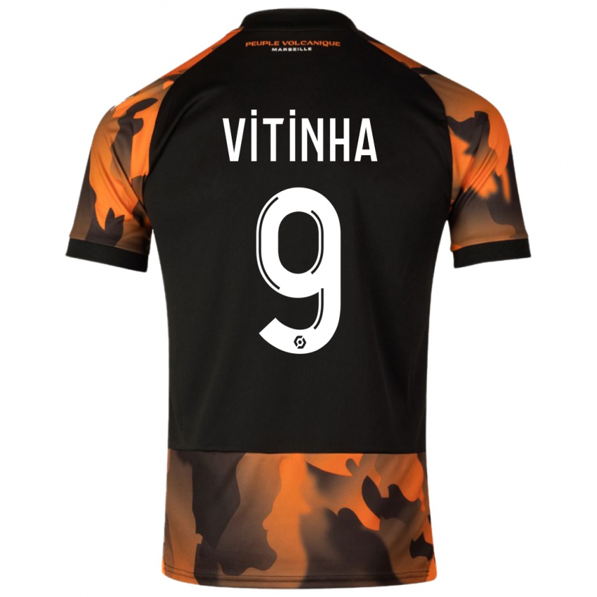 Criança Camisola Vitinha #9 Preto Laranja Terceiro 2023/24 Camisa Brasil