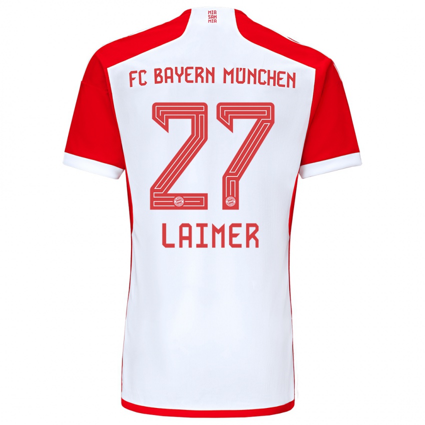 Homem Camisola Konrad Laimer #27 Vermelho Branco Principal 2023/24 Camisa Brasil