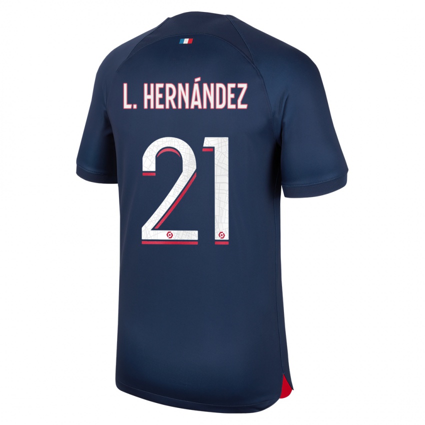 Mulher Camisola Lucas Hernandez #21 Azul Vermelho Principal 2023/24 Camisa Brasil