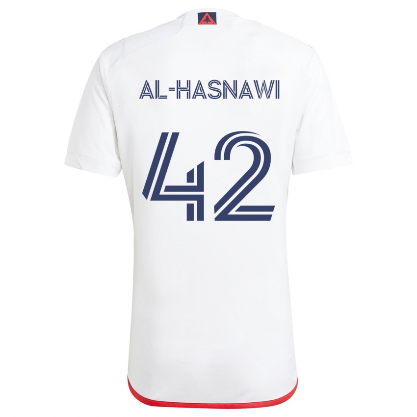 Criança Camisola Moshtaba Al-Hasnawi #42 Branco Vermelho Alternativa 2024/25 Camisa Brasil