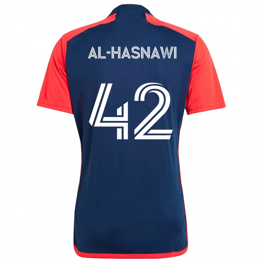 Homem Camisola Moshtaba Al-Hasnawi #42 Azul Vermelho Principal 2024/25 Camisa Brasil