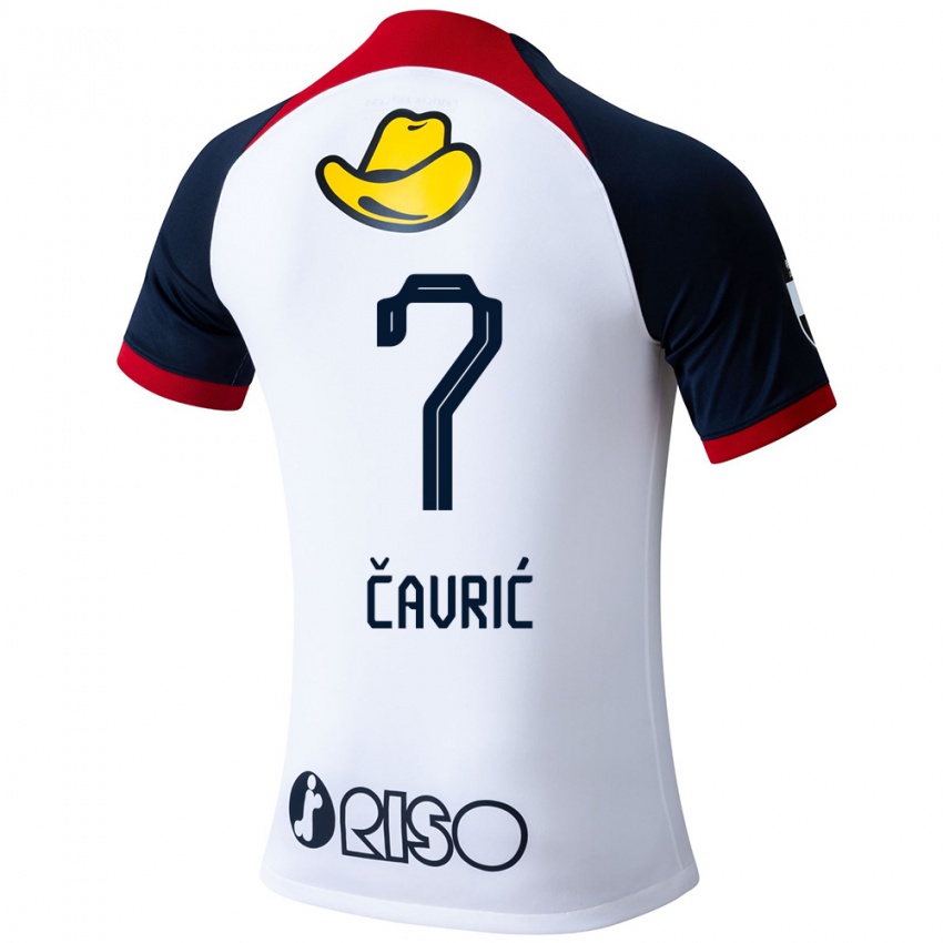 Homem Camisola Aleksandar Cavric #7 Branco Azul Vermelho Alternativa 2024/25 Camisa Brasil