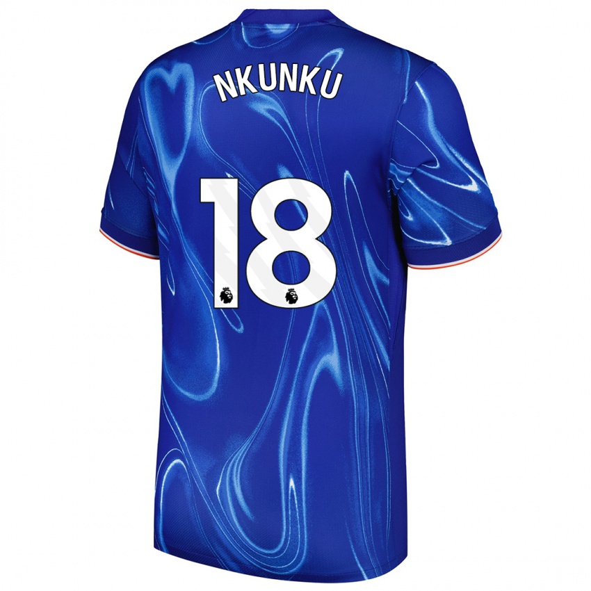 Criança Camisola Christopher Nkunku #18 Branco Azul Principal 2024/25 Camisa Brasil