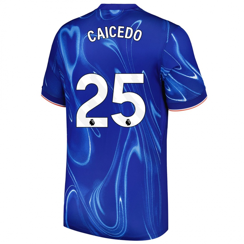 Criança Camisola Moisés Caicedo #25 Branco Azul Principal 2024/25 Camisa Brasil