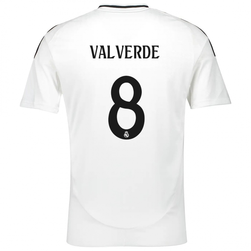 Criança Camisola Federico Valverde #8 Branco Principal 2024/25 Camisa Brasil