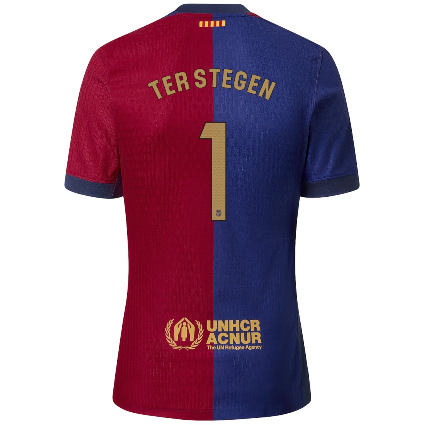 Criança Camisola Marc-Andre Ter Stegen #1 Azul Vermelho Principal 2024/25 Camisa Brasil