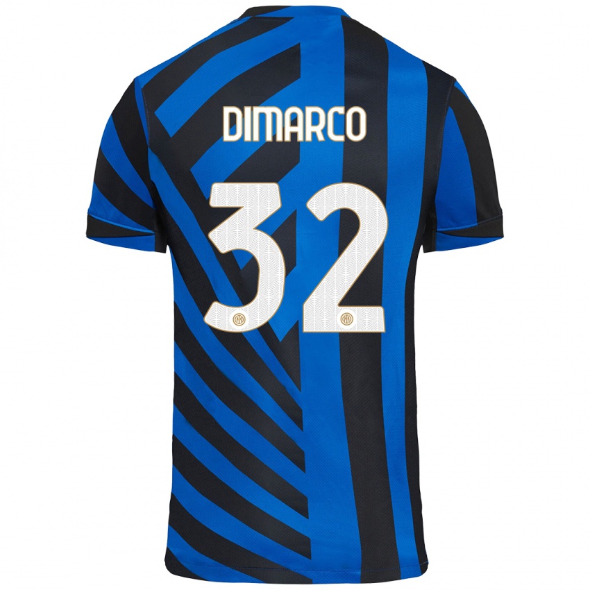 Criança Camisola Federico Dimarco #32 Azul Preto Principal 2024/25 Camisa Brasil