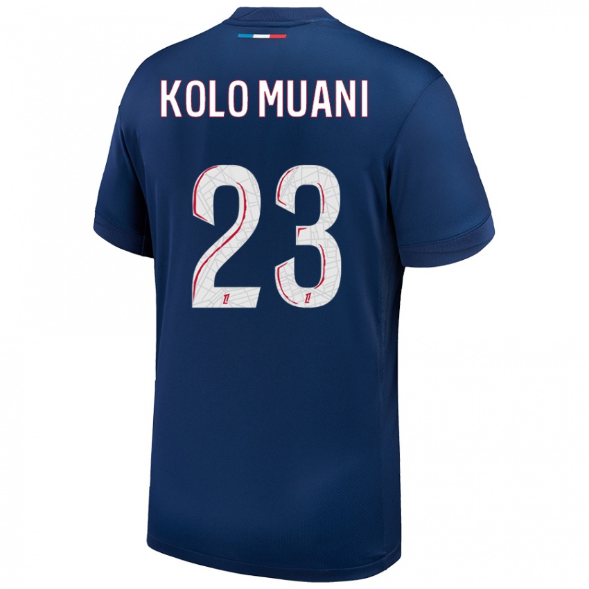 Criança Camisola Randal Kolo Muani #23 Azul Marinho Branco Principal 2024/25 Camisa Brasil