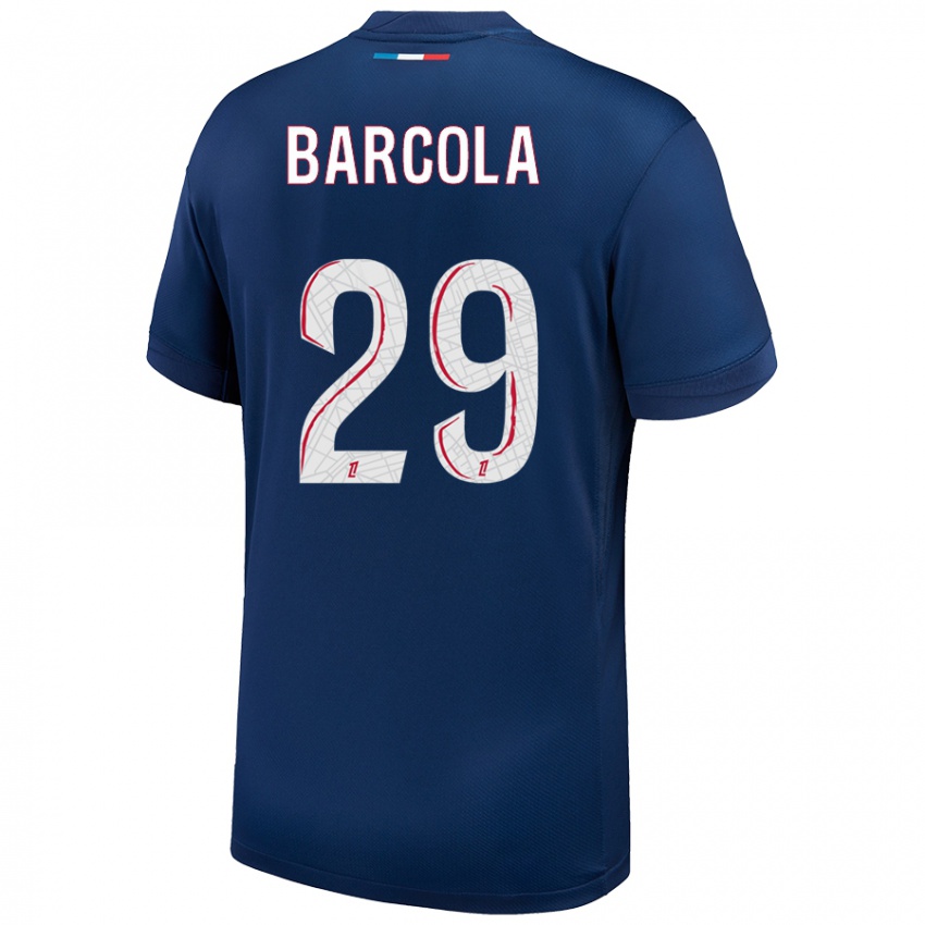 Criança Camisola Bradley Barcola #29 Azul Marinho Branco Principal 2024/25 Camisa Brasil