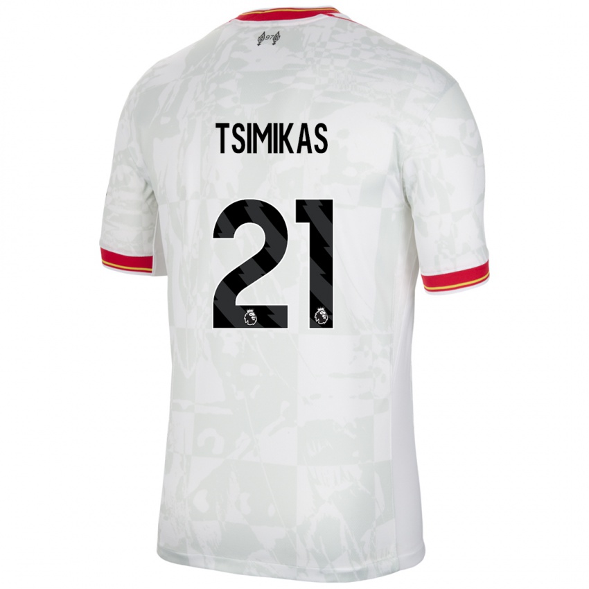 Criança Camisola Konstantinos Tsimikas #21 Branco Vermelho Preto Terceiro 2024/25 Camisa Brasil