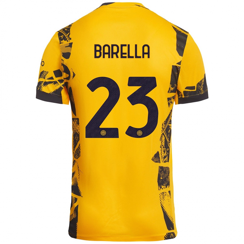 Criança Camisola Nicolò Barella #23 Ouro Preto Terceiro 2024/25 Camisa Brasil