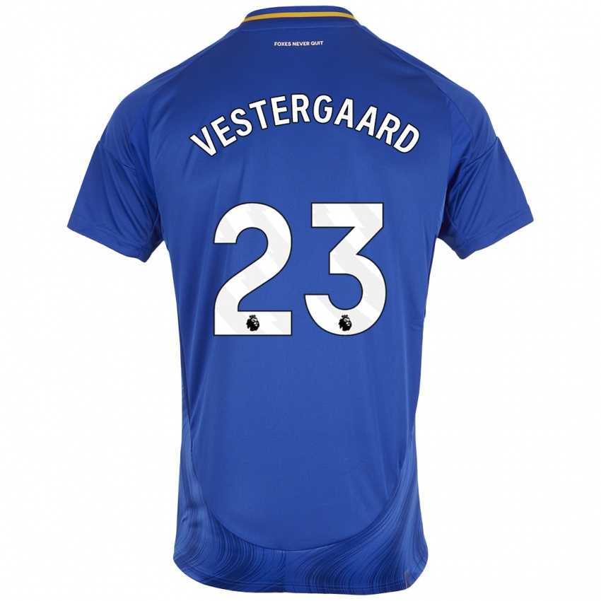 Criança Camisola Jannik Vestergaard #23 Azul Branco Principal 2024/25 Camisa Brasil