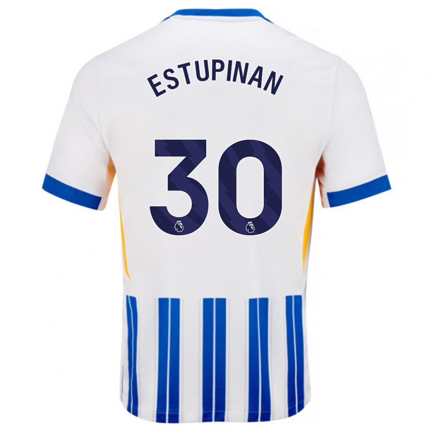 Criança Camisola Pervis Estupiñán #30 Branco Azul Principal 2024/25 Camisa Brasil