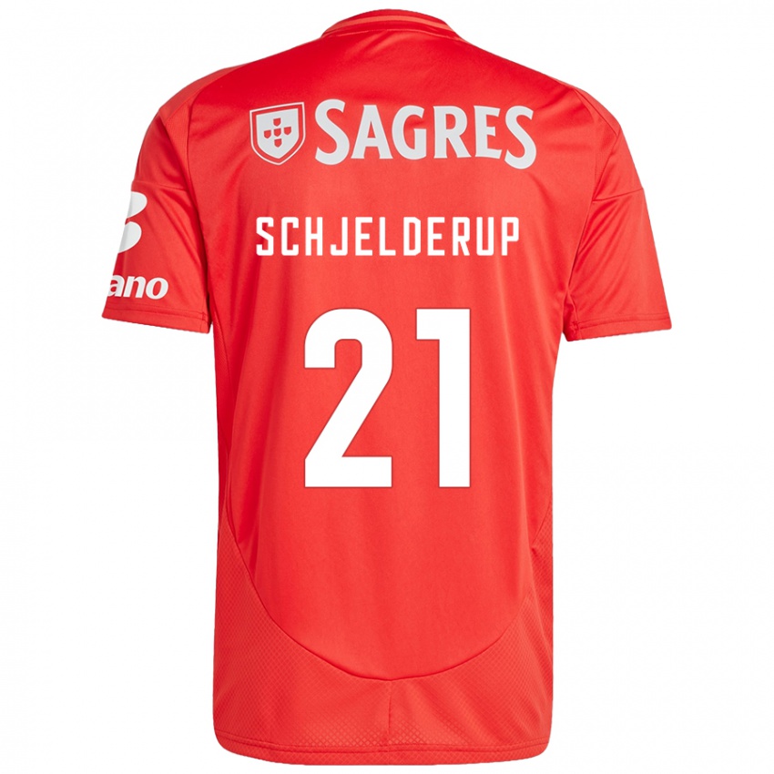 Criança Camisola Andreas Schjelderup #21 Vermelho Branco Principal 2024/25 Camisa Brasil