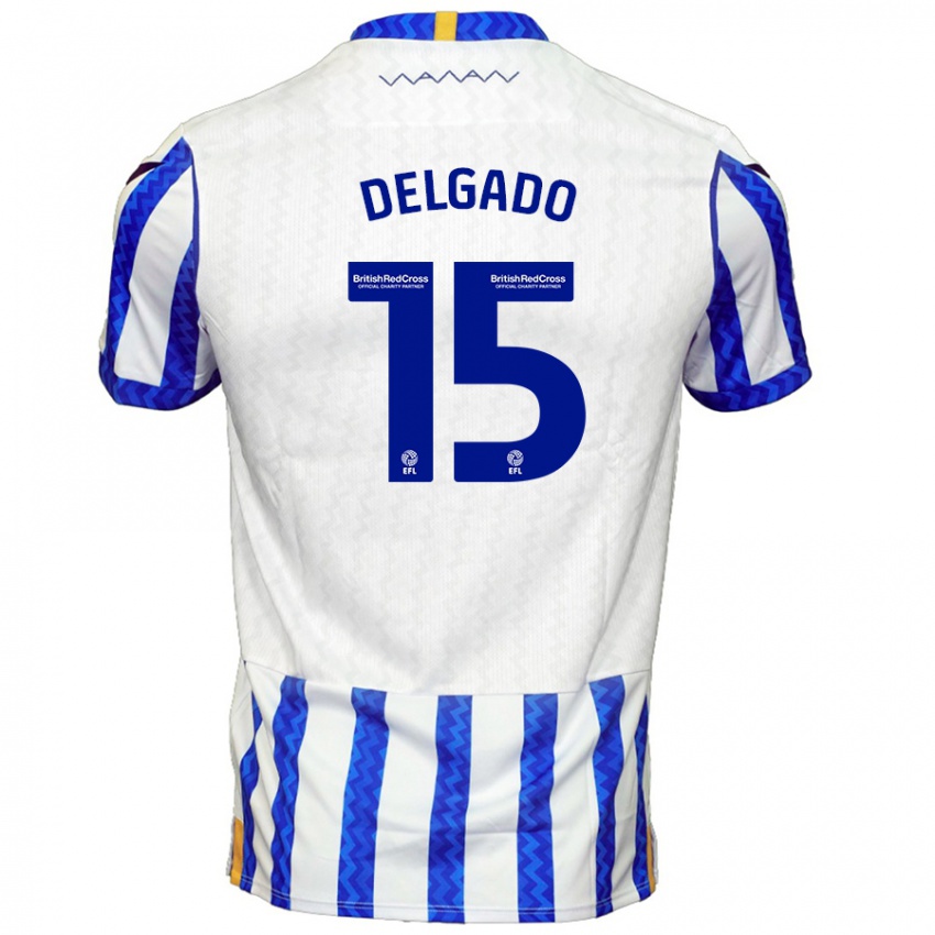 Criança Camisola Juan Delgado #15 Branco Azul Principal 2024/25 Camisa Brasil