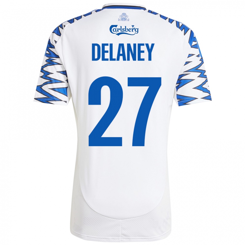 Criança Camisola Thomas Delaney #27 Céu Branco Azul Principal 2024/25 Camisa Brasil